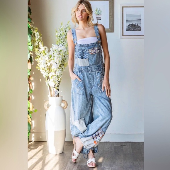 Oli & Hali Love Goddess Overalls | Patchwork Denim Wide-Leg Drawstring Jumpsuit - Picture 4 of 10